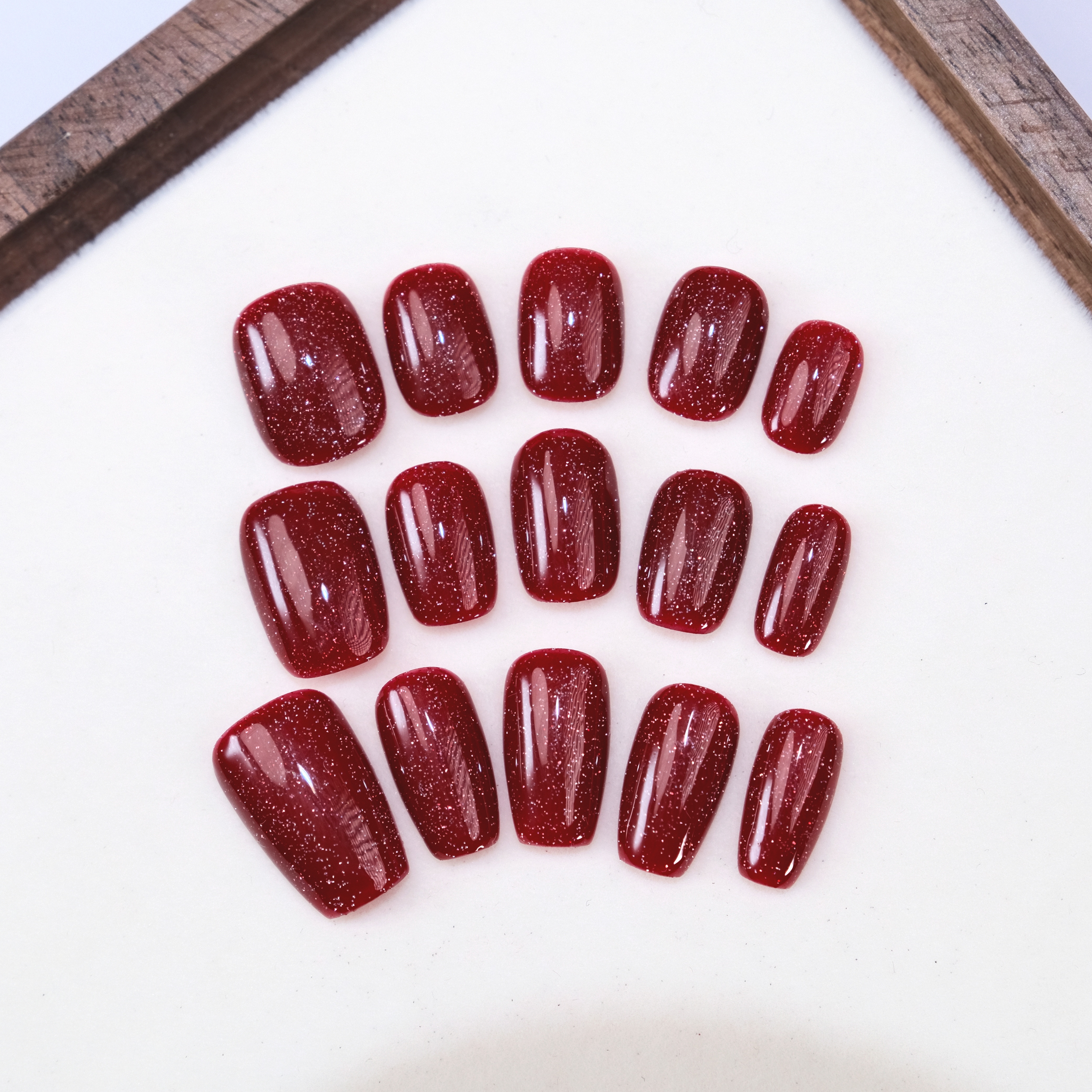 卡黛妮断码【碎闪星光】车厘子红色碎钻车里红纯手工穿戴甲10片装