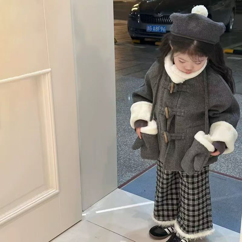 秋冬韩系男女童加绒加厚毛呢外套裤子套装