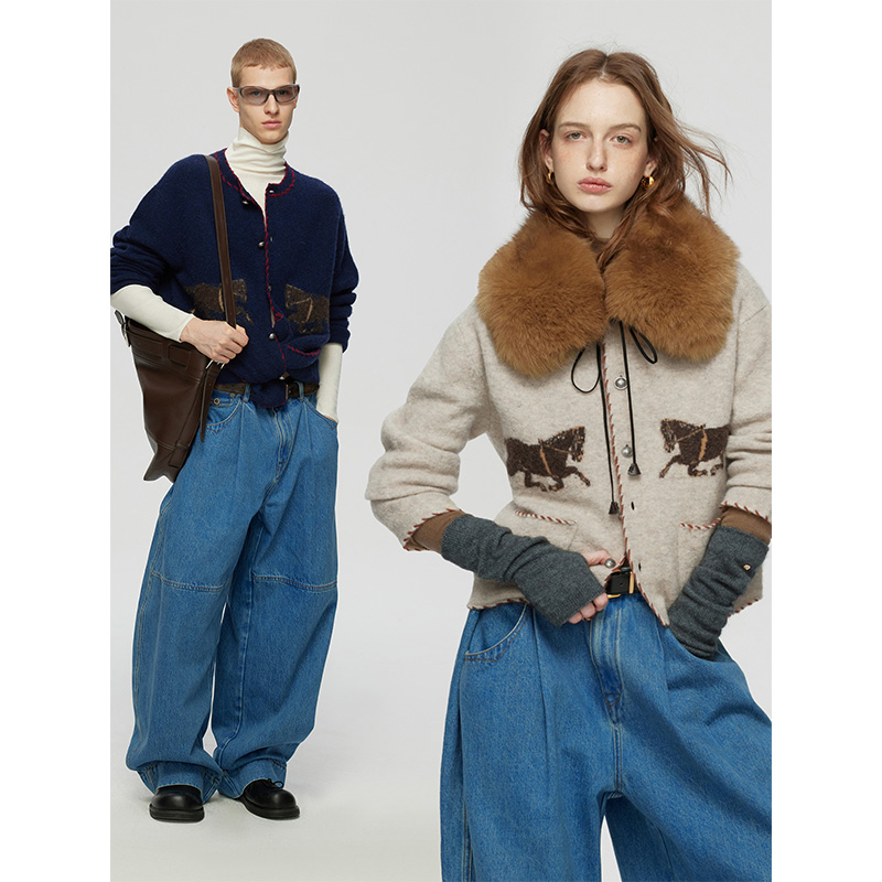 ULD/新春马年“马上有钱”中古小马绣花霜感颗粒肌理感羊毛开衫