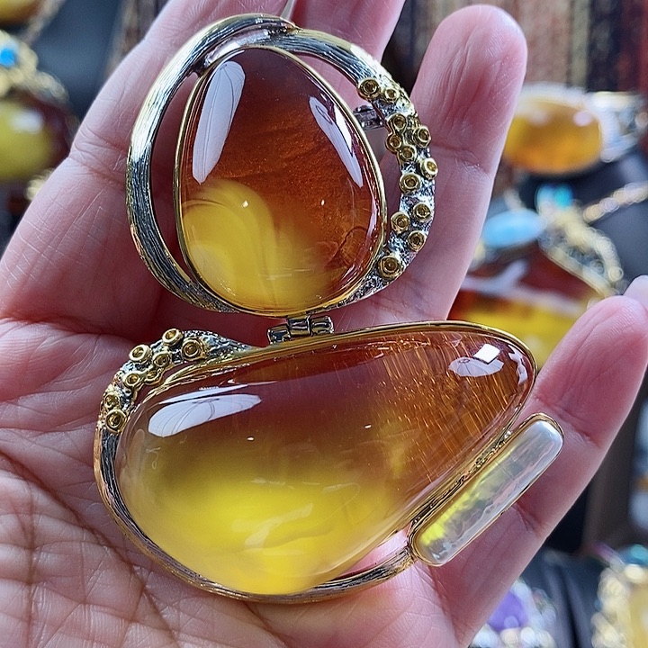 琥珀颈饰银S925镶嵌吊坠胸针两用款