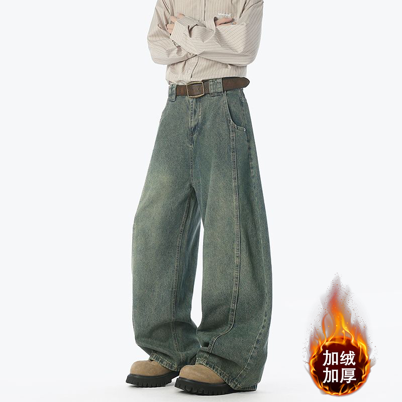 秋冬新款美式高街潮牌阔腿弯刀牛仔裤男生大码宽松直筒拖地长裤子