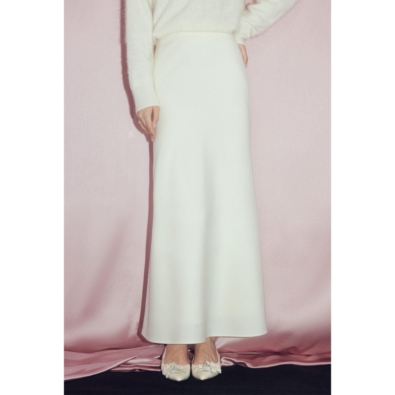 MandyZhangCHIC感绵羊毛莱赛尔白色鱼尾半身裙女秋冬高腰包臀裙子