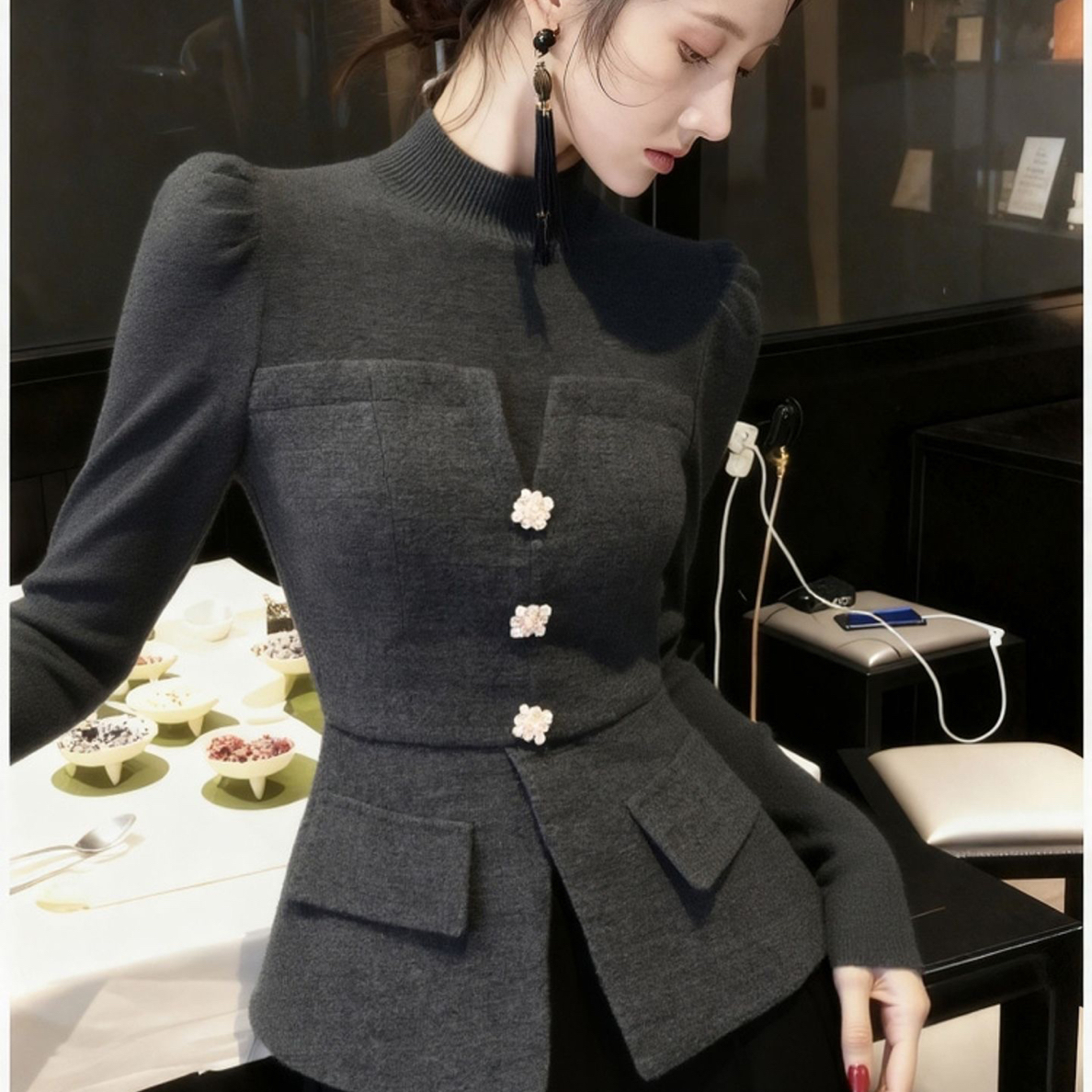 大码胖MM春秋款显瘦针织v领拼接假两件款气质女秋季毛针织衫短款