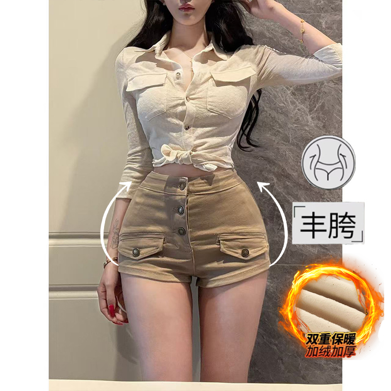 老钱风纯欲丰胯加绒牛仔短裤女2025冬季新款多扣高腰显瘦包臀热裤