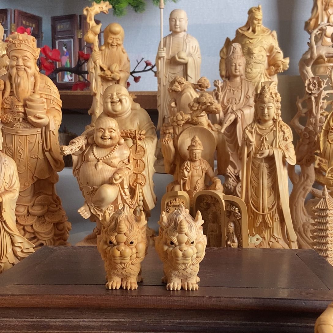 木千*文小叶黄杨木雕麒麟一对6