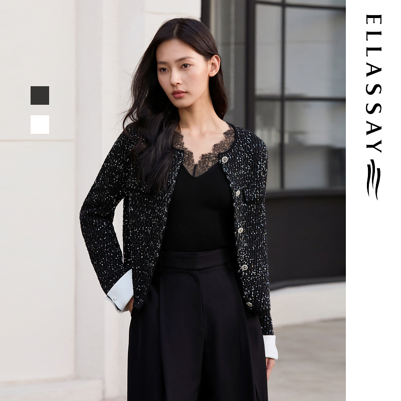 ELLASSAY歌力思25秋冬新款纯绵羊毛蕾丝边V领针织衫EWE363M10300