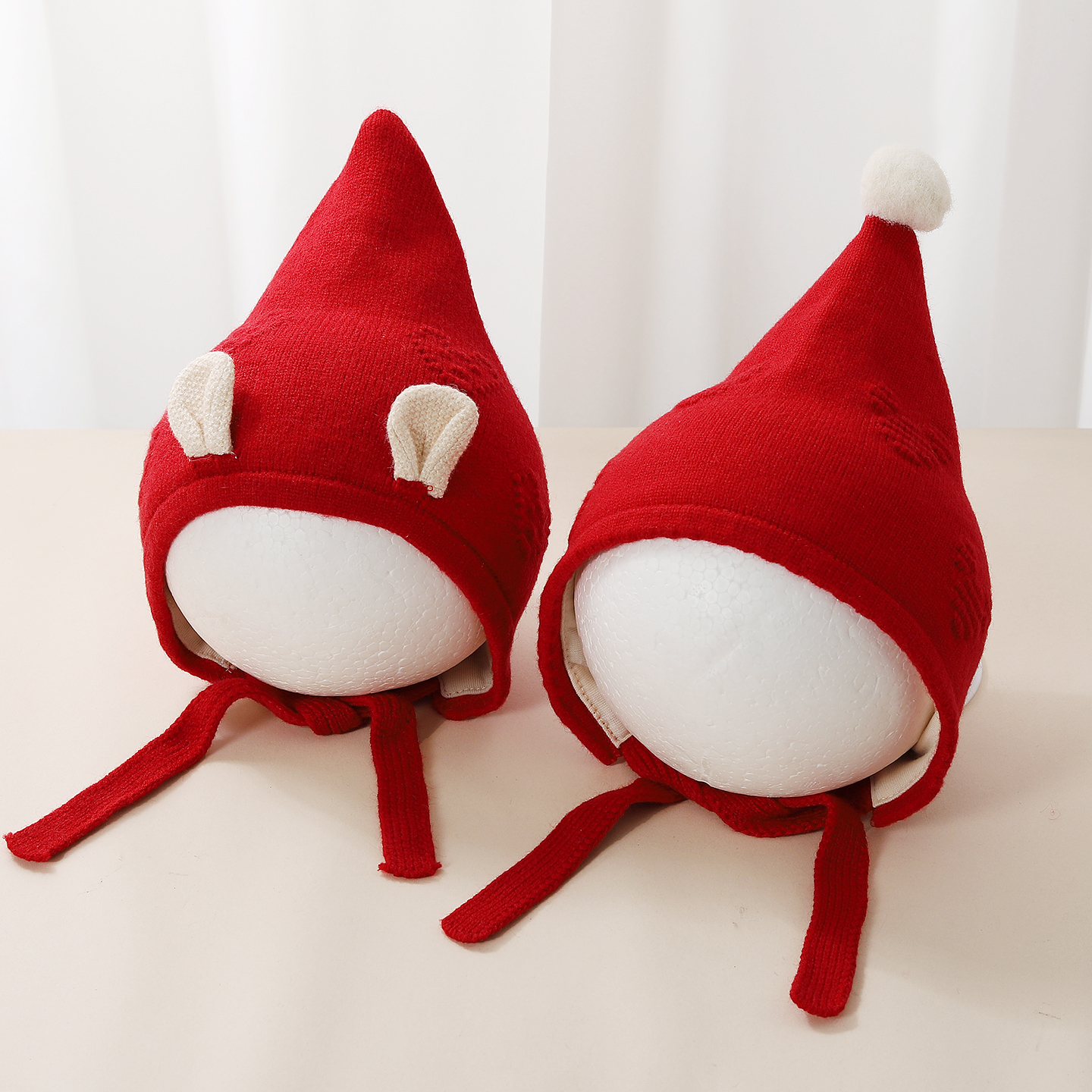 红色婴儿帽子喜庆宝宝毛线帽尖顶精灵帽小月龄针织帽保暖护耳帽萌