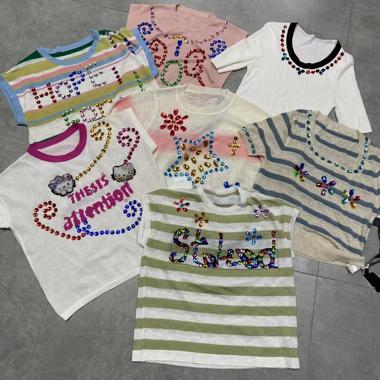  欧货潮牌重工钉珠新款百搭短袖T恤上衣 DZ250289