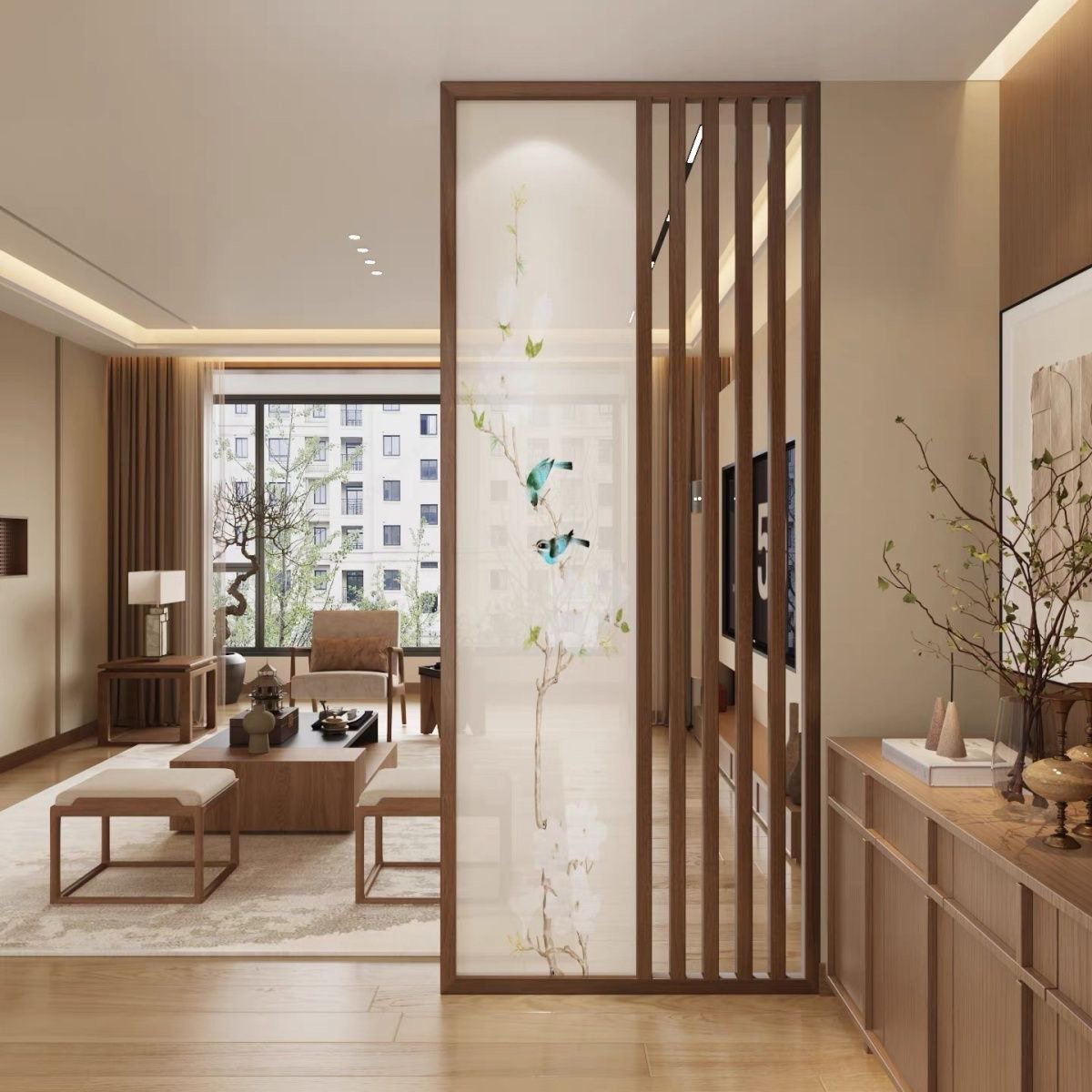 宋式美学实木屏风座屏隔断入户玄关客厅现代简约中式遮挡背景格栅