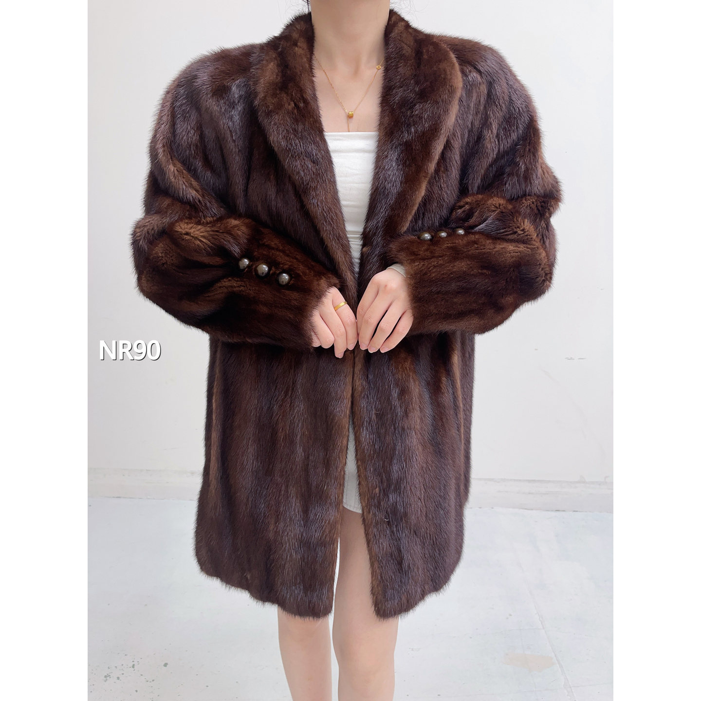 【NR90】XL 焦糖棕中长款全抽水貂（肩43胸112衣80袖62）16090