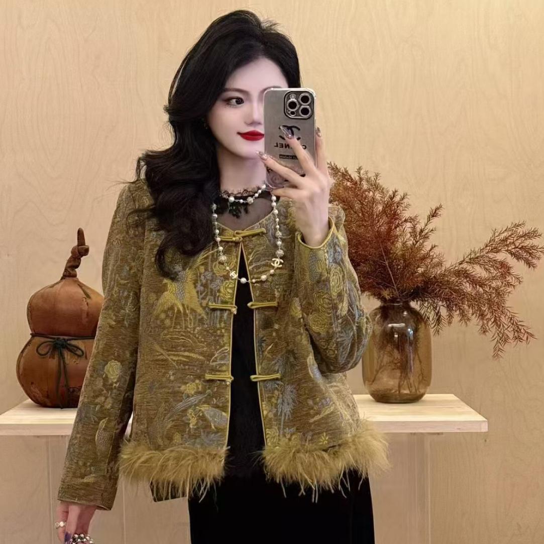 秋季新中式国风加棉加厚外套女时尚气质复古百搭圆领毛毛上衣女潮