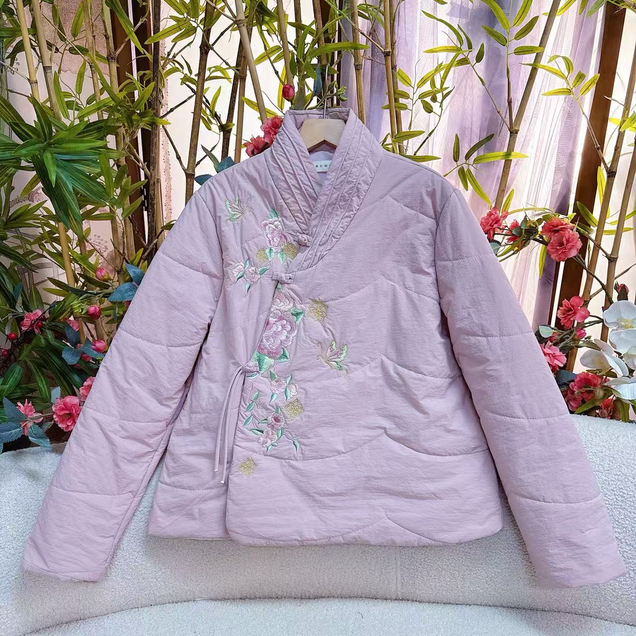 新中式国风立领斜襟冬季加厚加棉短款气质百搭刺绣棉服外套9572