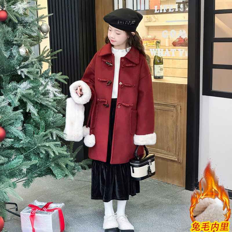 【嘻嘻柚】女童秋冬新年毛领呢子大衣2025新款加绒加厚盘扣拜年服潮