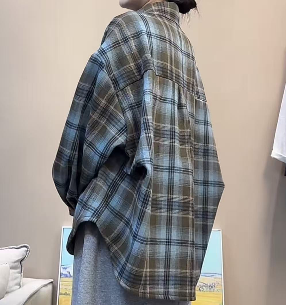 加绒色织棉蓝格子龟背衬衫女宽松