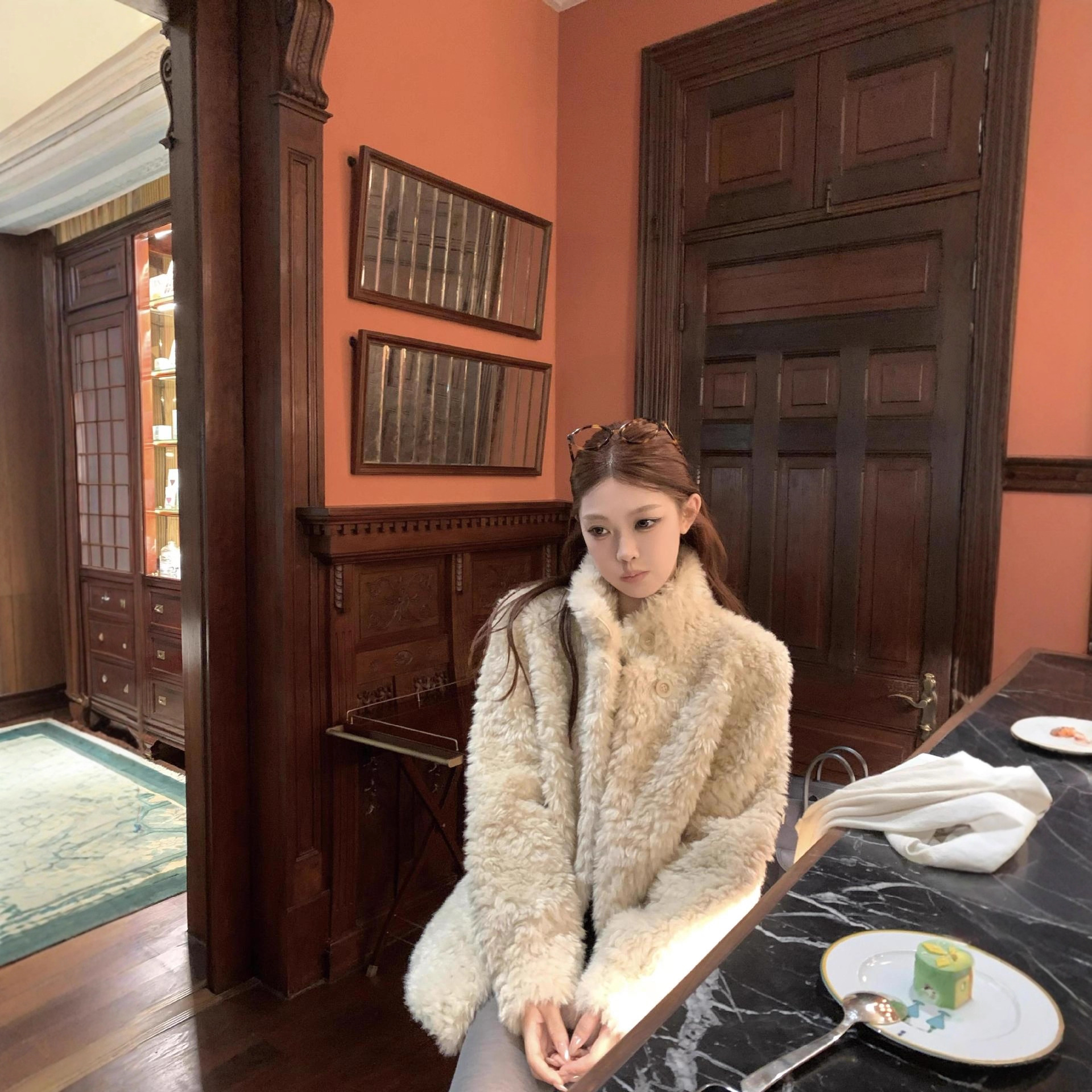 皮毛一体外套女立领中长款休闲风保暖仿皮草毛毛外套