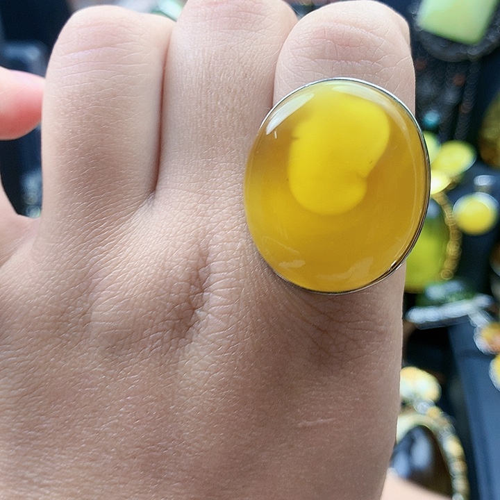 琥珀裸石银S925镶嵌戒指