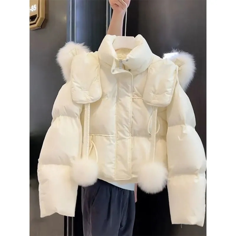 小香风高级感精致白色毛领连帽棉服女冬季新款减龄甜美短外套