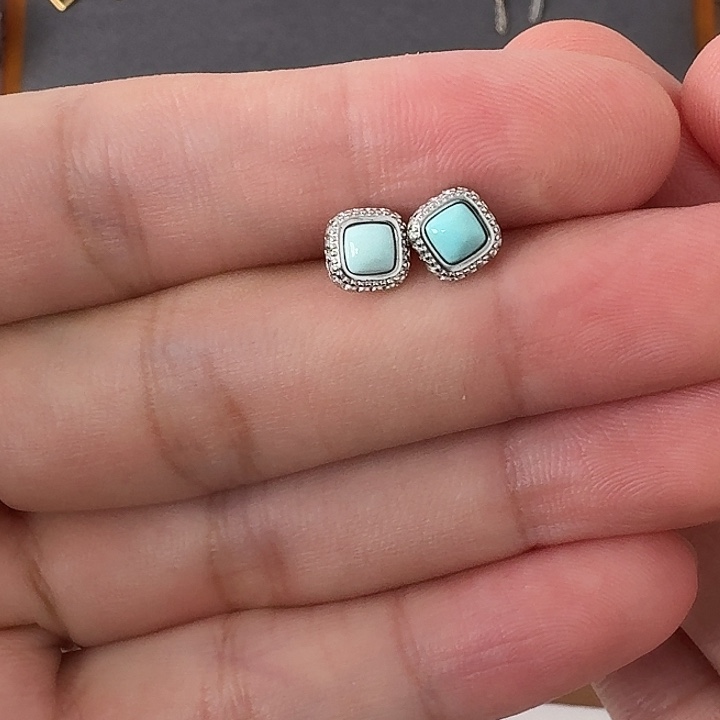 颜***物绿松石银S925镶嵌耳钉