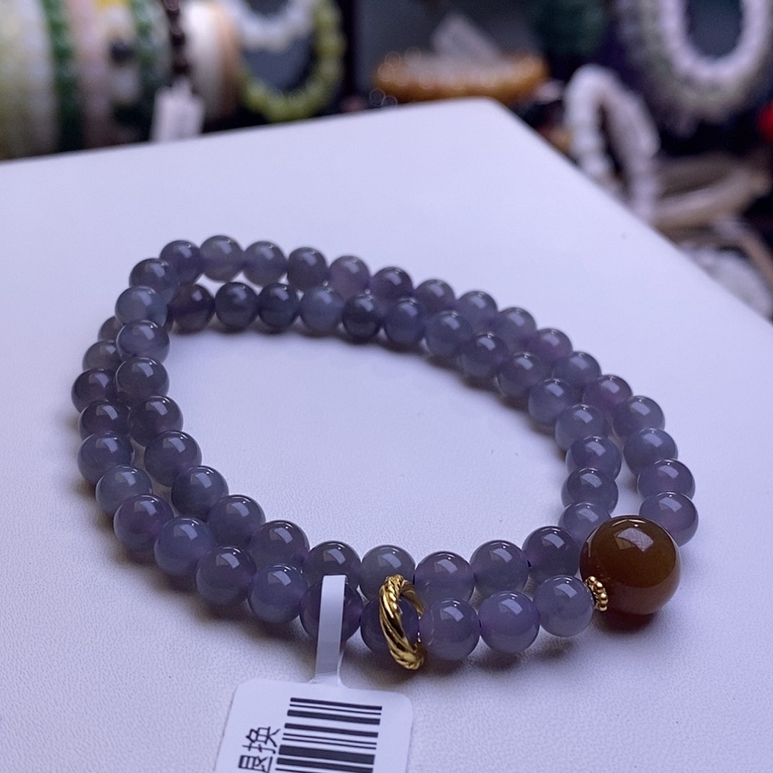 颈饰未镶嵌和田玉烟紫老矿料高冰葡萄紫两圈手链6m