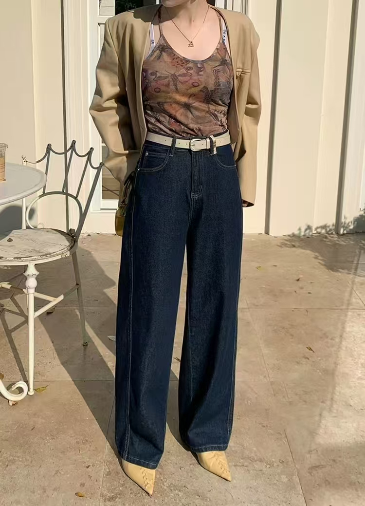巨江南深蓝色阔腿牛仔裤女2025春季新款宽松显瘦直筒长裤