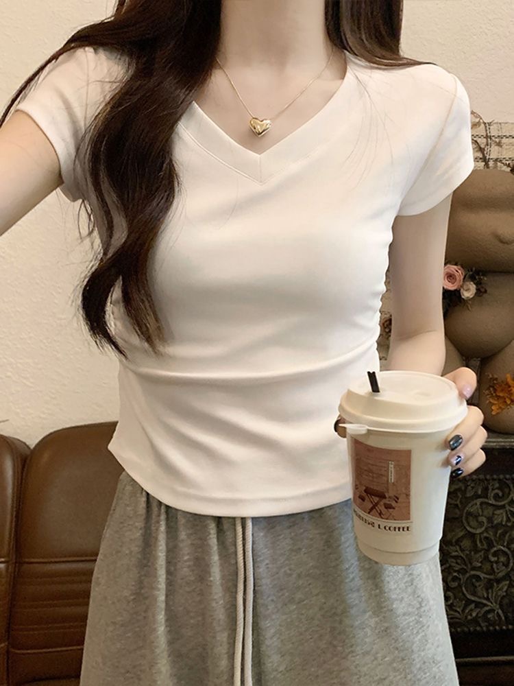 纯棉V领修身甜辣妹上衣女夏季新款纯欲风外穿显瘦短袖T恤打底衫潮