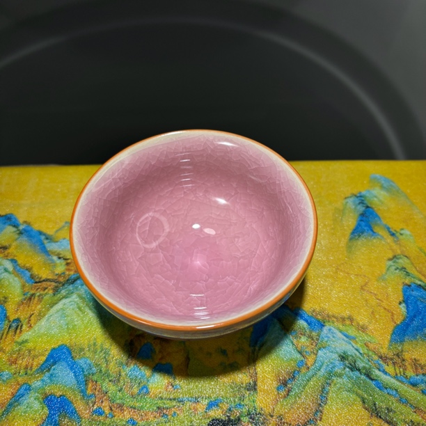 橙口粉色冰裂纹茶杯