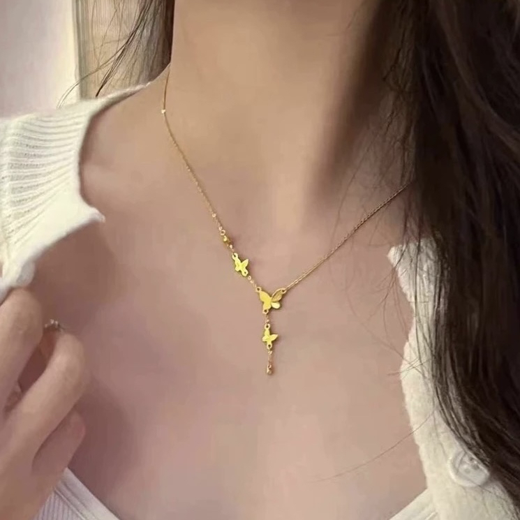钛钢项链 不掉色！镀金精美蝴蝶流苏金色项链女公主锁骨链