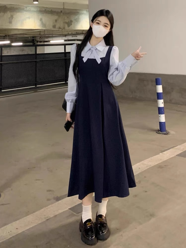 早春大码拼接假两件黑色连衣裙收腰显瘦中长款a字学院风裙