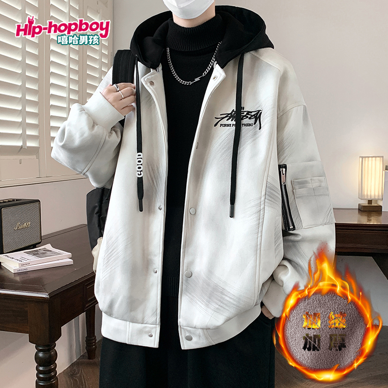 嘻哈男孩鹿皮绒外套冬季保暖连帽加绒加厚夹克宽松百搭潮流上衣