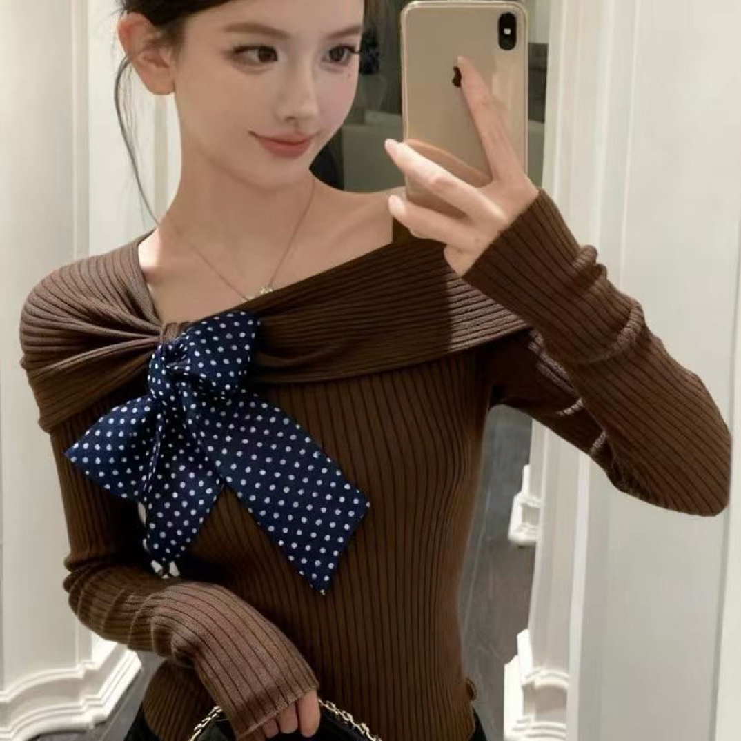 （扣号链接）蝴蝶结简约法式短款长袖秋季黑色针织毛针织衫波点