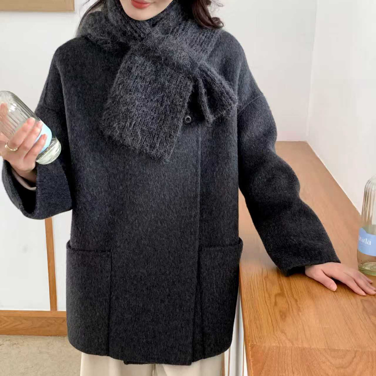 【2157】小个子双面呢大衣双面羊毛时尚女士羊毛短款圆领针织帽秋冬