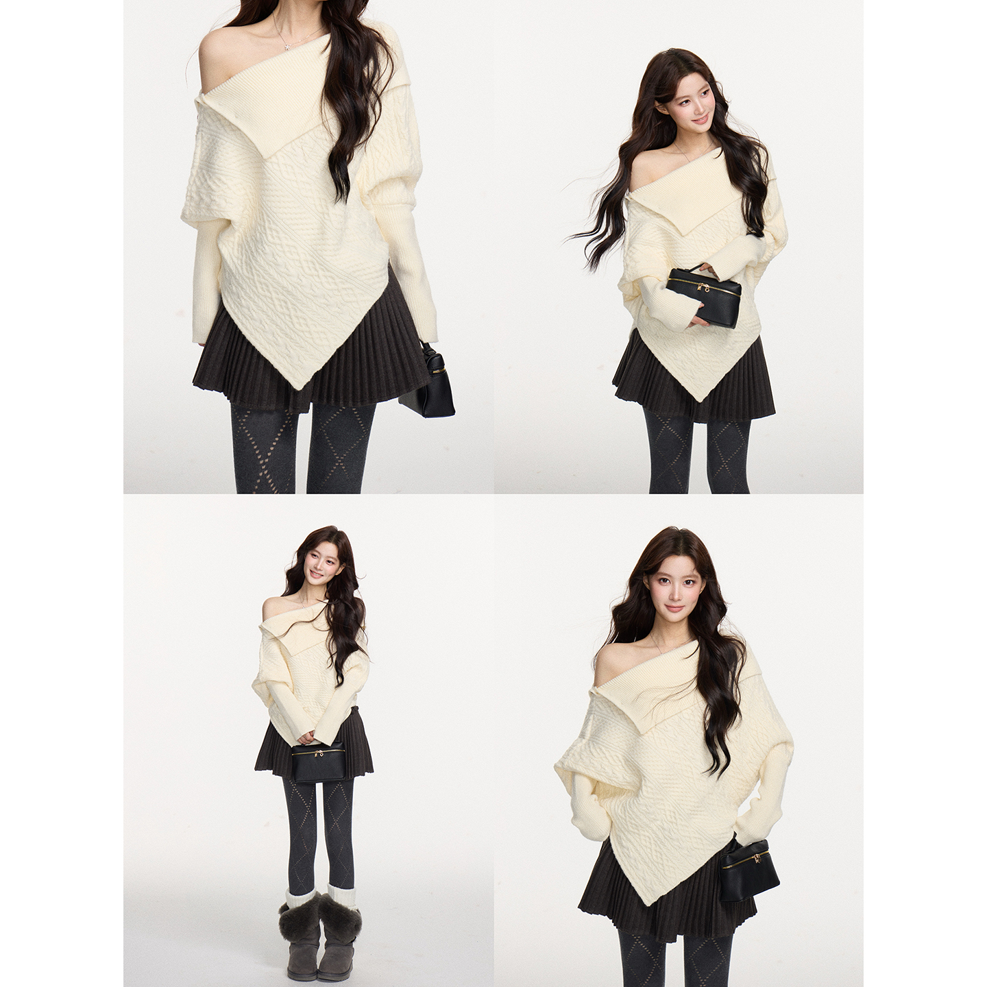谢不肉 冬季不规则斜肩收口袖宽松软糯毛衣女百搭休闲上衣52022