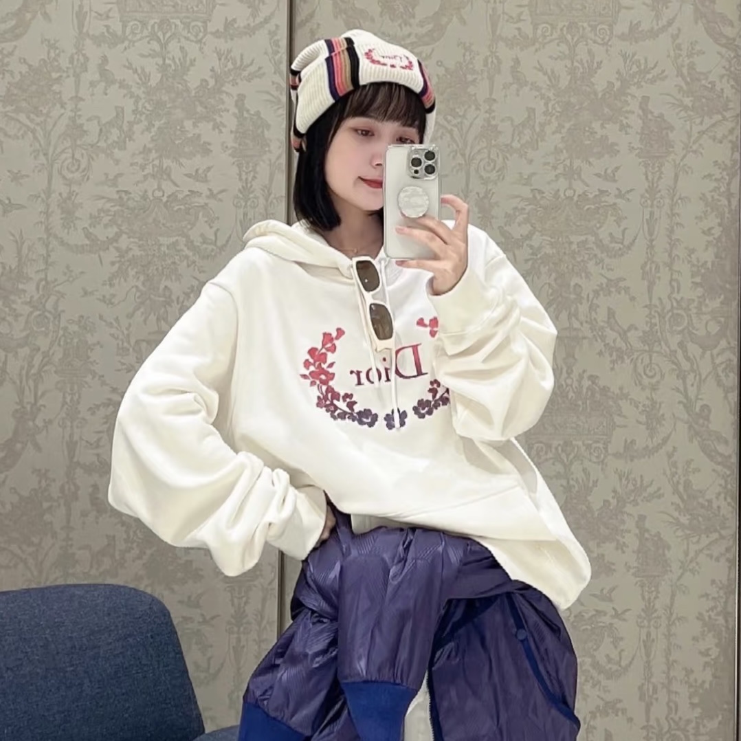 全新未使用 DIOR/迪奥 积分-100汤/P215360683/刺绣花卉连帽卫衣