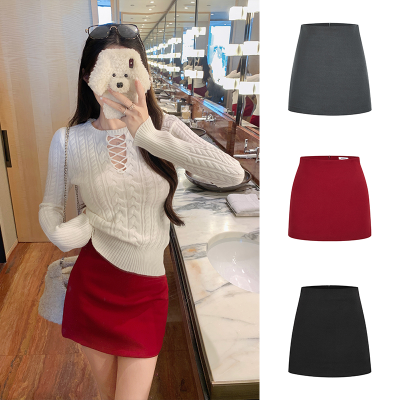 Moses Queen/魔西女王红色辣妹呢子裙高腰百搭短裙显瘦A字包臀裙