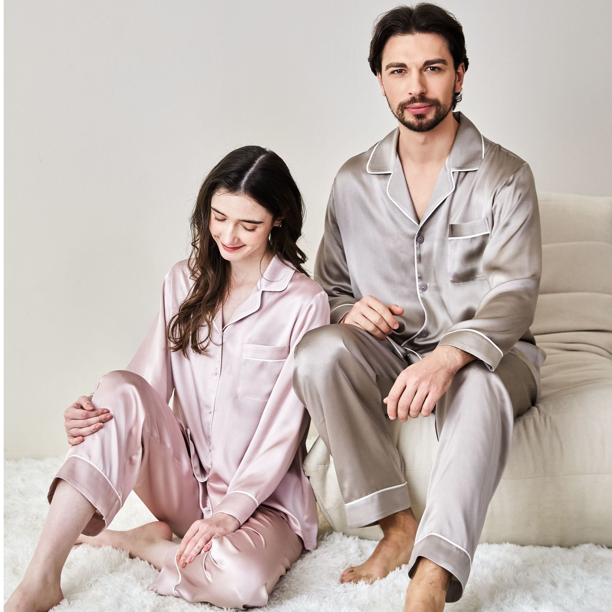 2025家居服情侣款真丝睡衣长袖裤套装秋冬可外穿100%桑蚕丝居家服