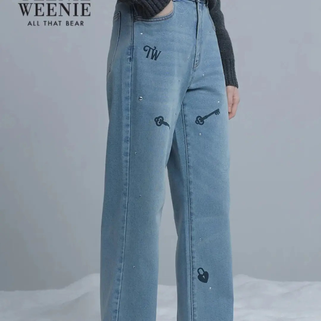 Teenie Weenie小熊趣味印花直筒牛仔裤25年冬季新款TTTJ254CC1B