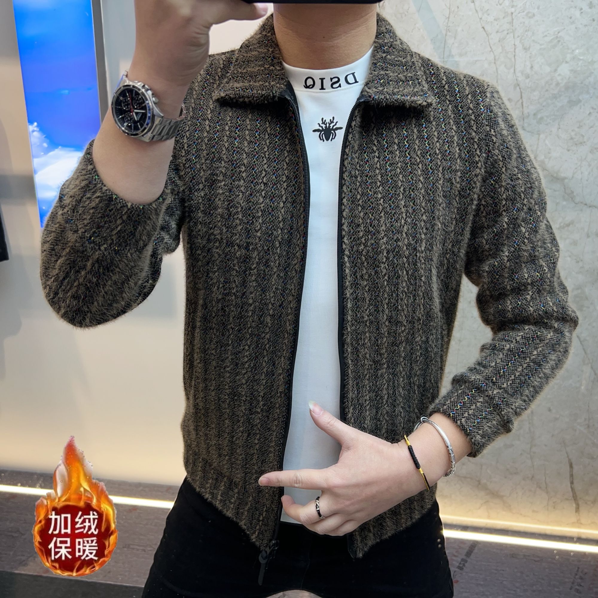 《卡其绒套》欧货男装时尚休闲轻奢加绒保暖百搭透气上衣潮流修身型