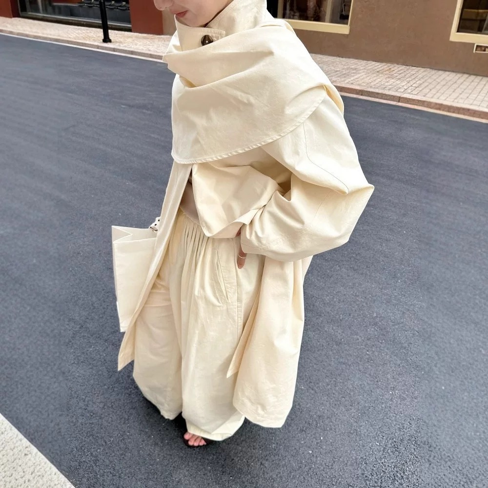 2025秋季新款宽松立领披肩腰带长款大衣风衣外套女