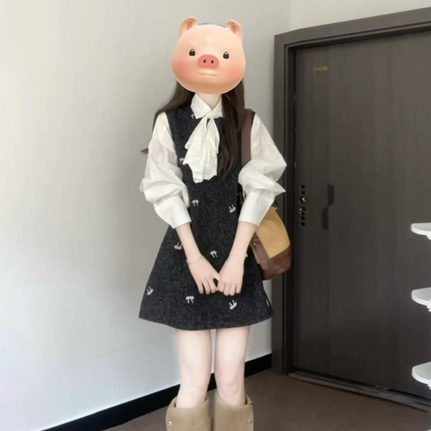 衬衫叠穿背带连衣裙子女早开秋季2025香风韩系套装短裙0070
