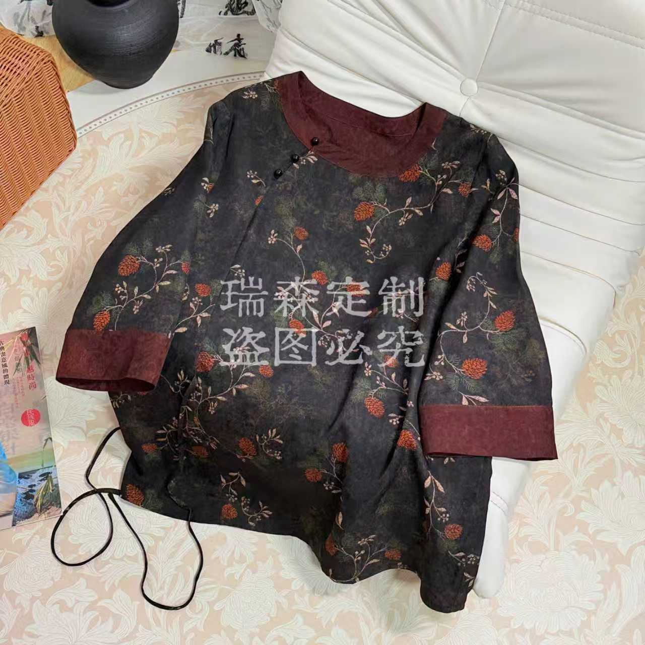 669 中式国风花萝圆领碎花茶衫上衣T恤-胸围102-衣长68