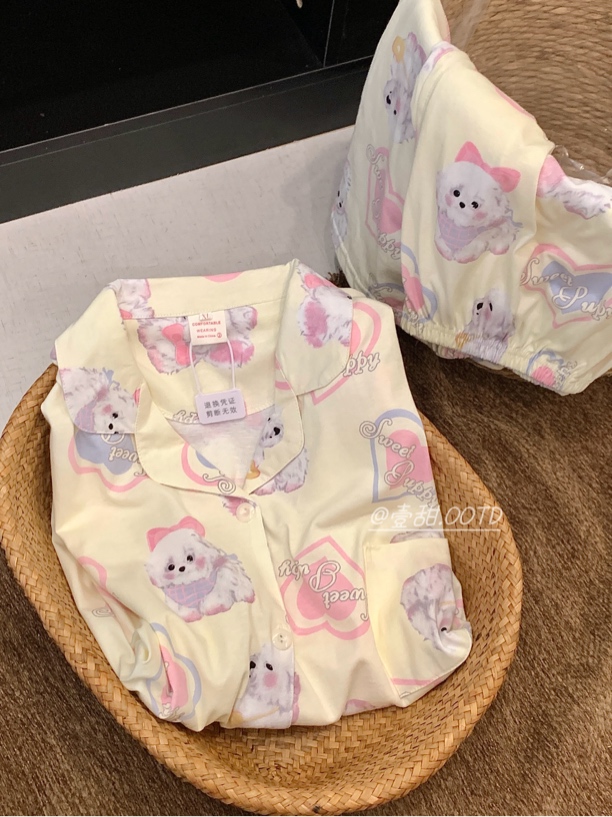 【爱心小狗】韩版ins可爱印花小狗纯棉睡衣女休闲圆领家居服套装