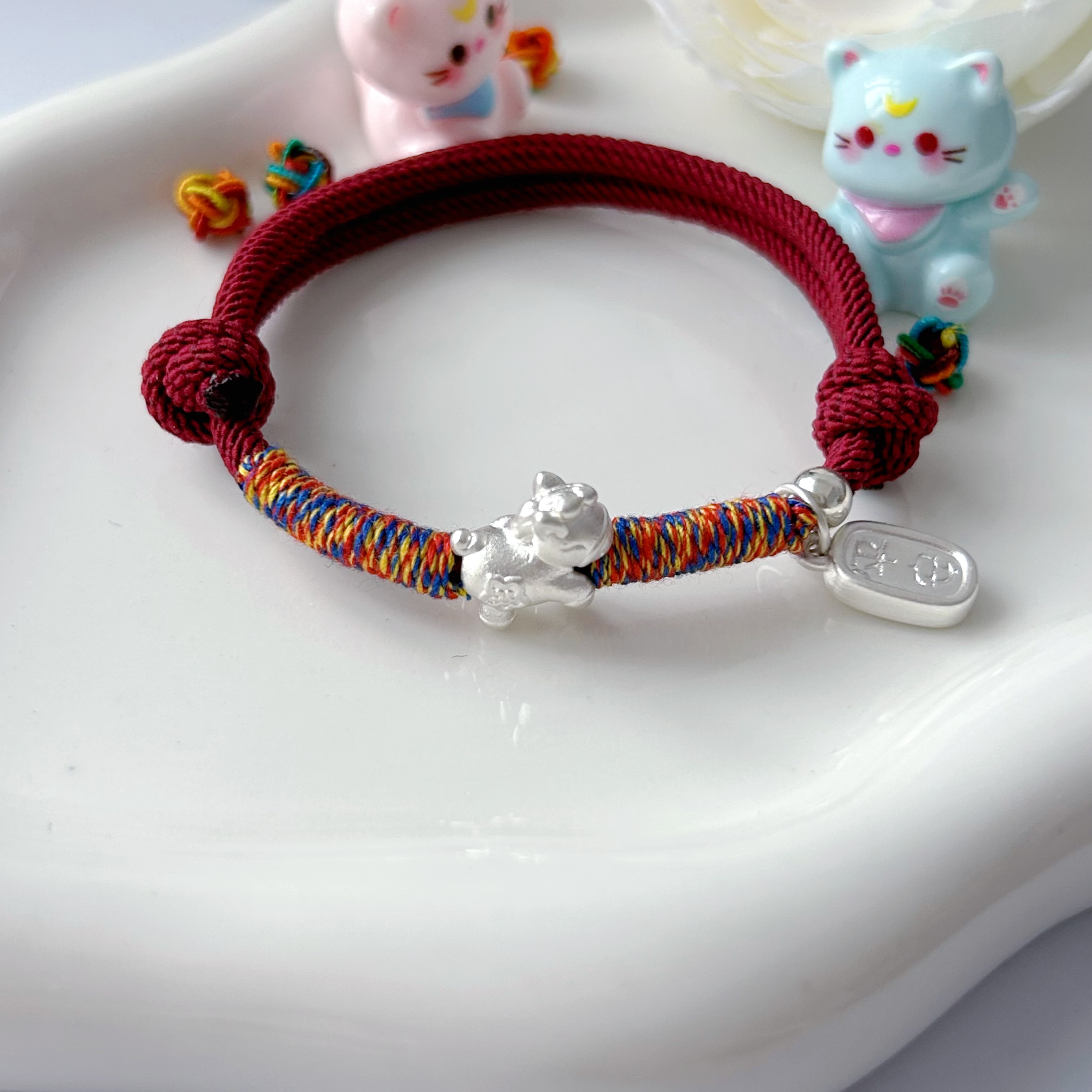 足银手链 【三里吟银饰】本本年小马手链 宝宝情侣纯手工编织红手绳