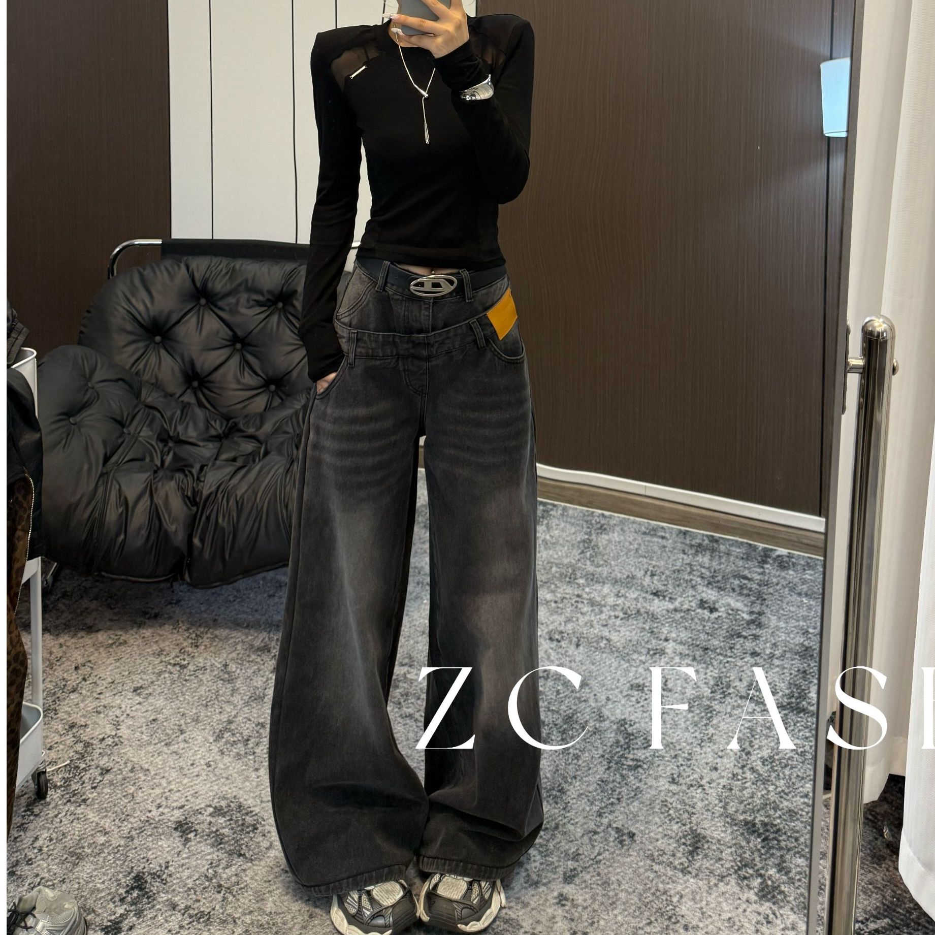 ZC-新款做旧水洗纹理深灰显瘦阔腿牛仔裤