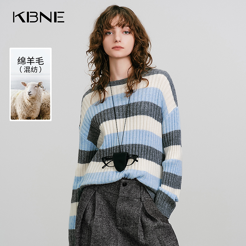 KBNE针织衫爆款2025新款秋冬宽松撞色条纹羊毛混纺毛衣慵懒风上衣