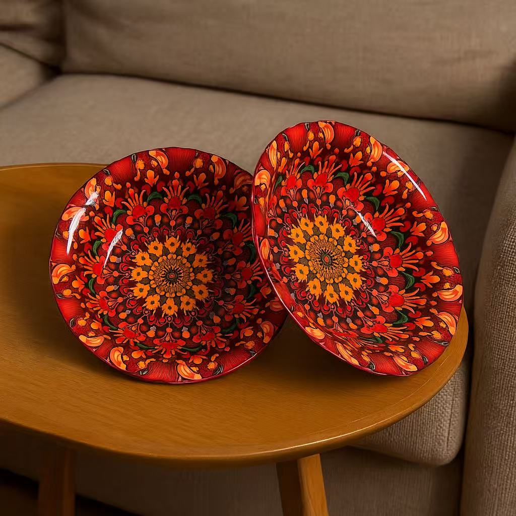 波西米亚绯红盛宴花边8.5寸深盘子新款家用菜盘深盘创意手绘盘子