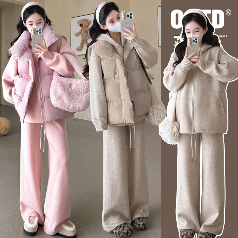 【安安】孕妇装秋冬季加厚棉服马甲外套+阔腿裤子三件套韩版秋冬装