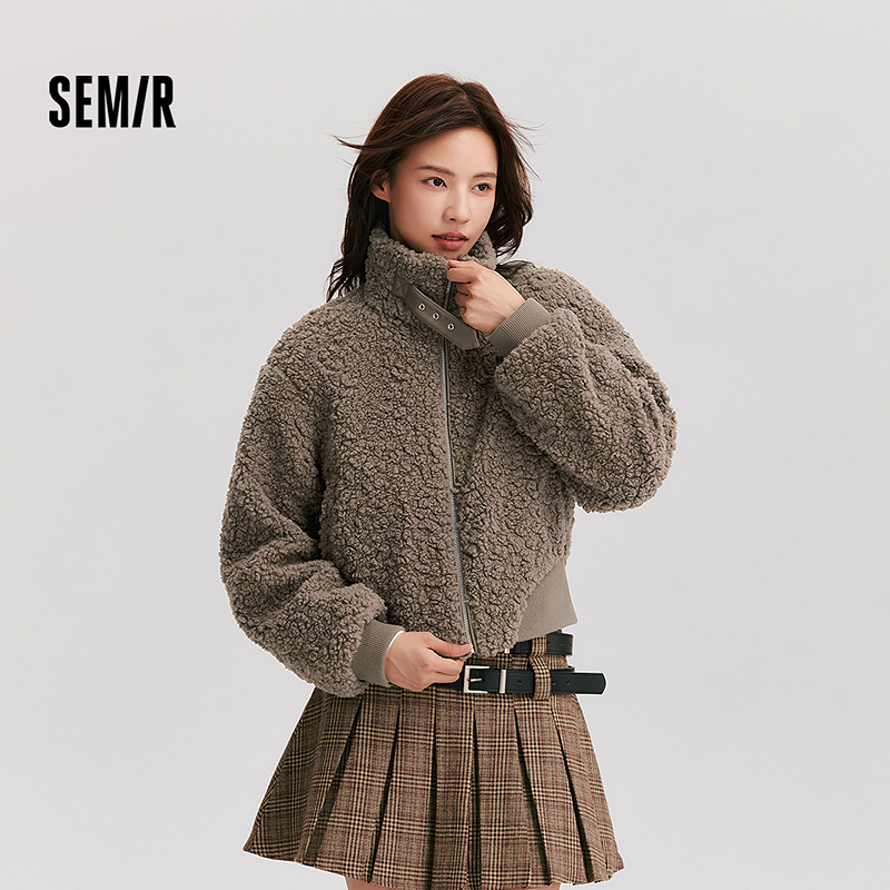 森马外套女短款显高小个子温柔气质冬季新款立领毛绒夹克百搭甜酷