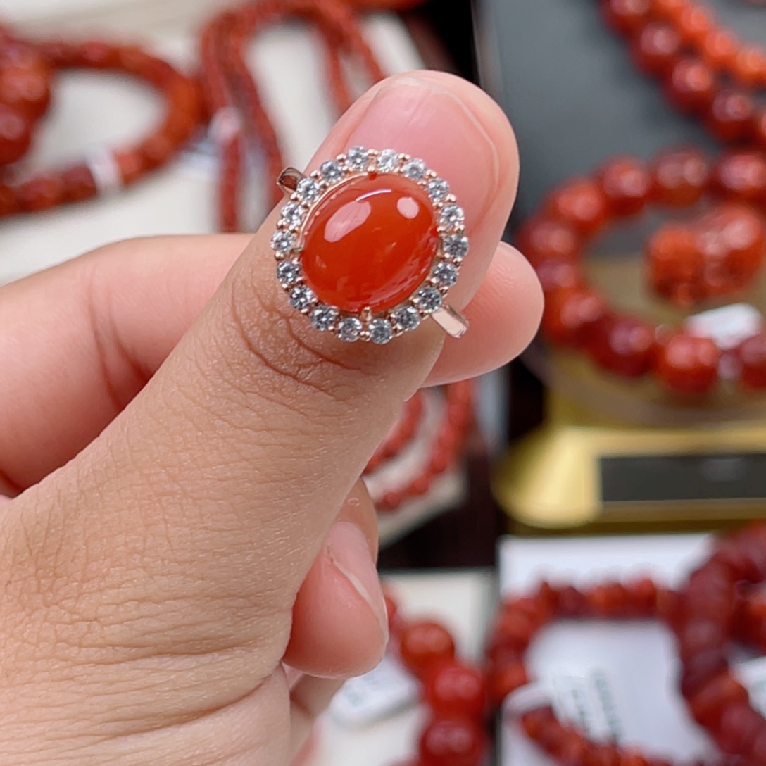 南红玛瑙河湾冰红鸽血红戒指银S925镶嵌