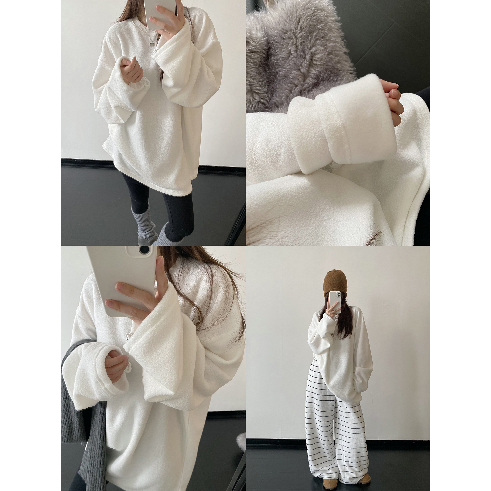 毛巾加绒宽松圆领保暖秋冬上衣落肩卫衣简约休闲大版型绒衫