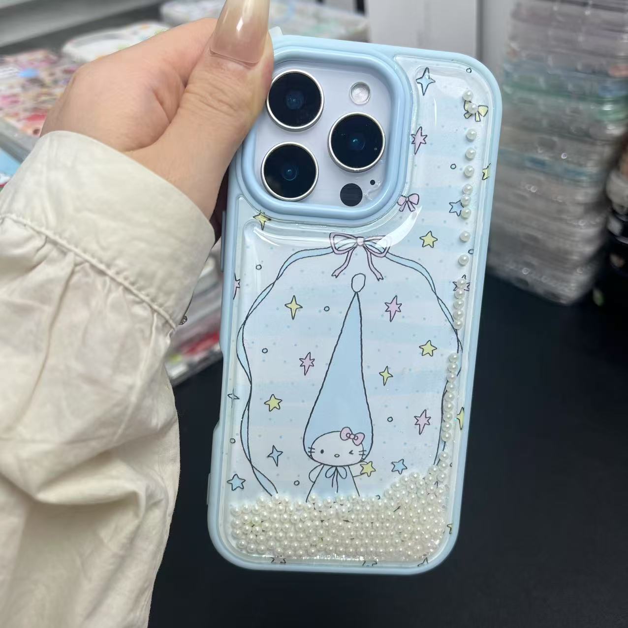可爱珍珠流沙KT猫适用iPhone16promax手机壳苹果15新款14全包13女